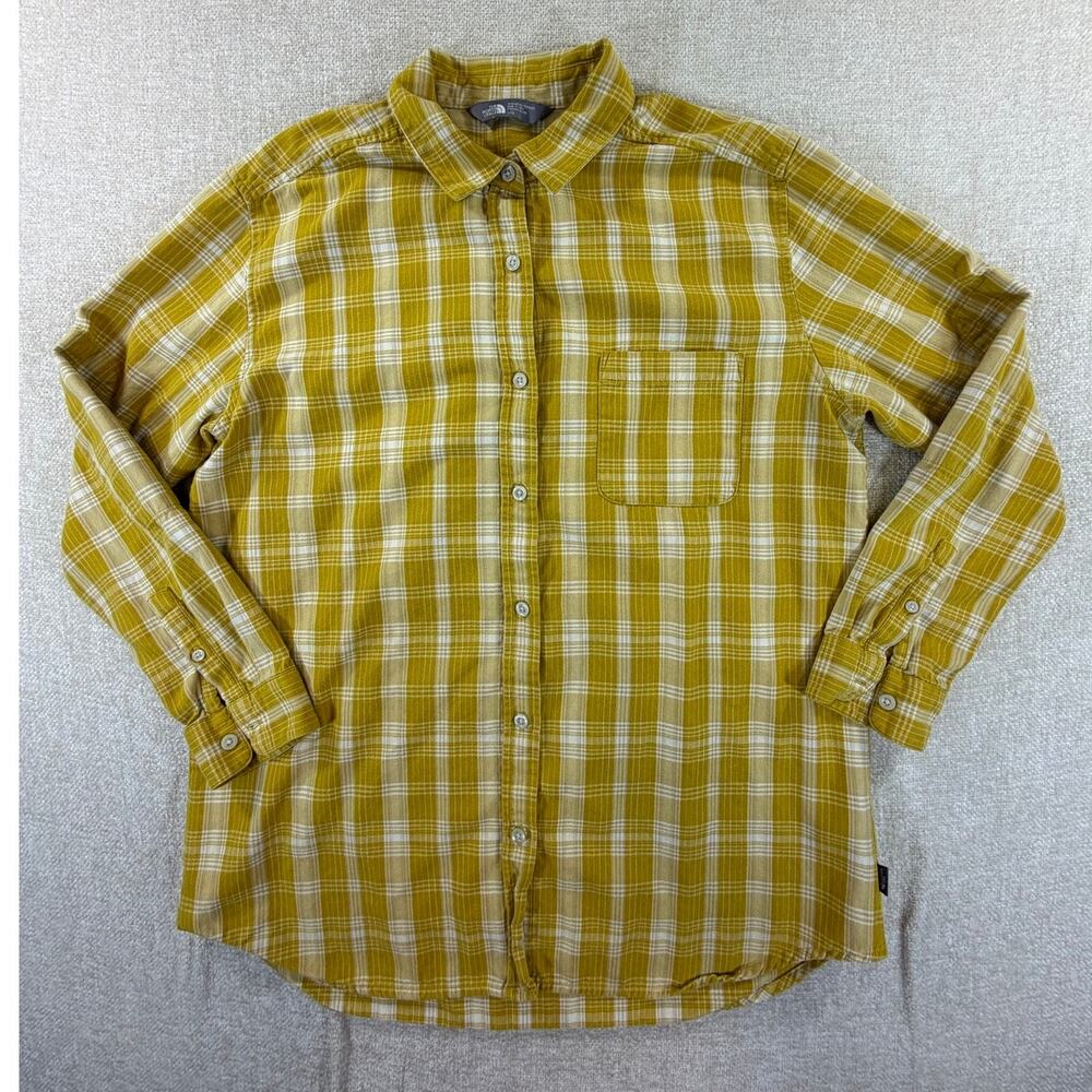 The North Face Womens Large Yellow Plaid Long Sleeve Outdoor Hiking Button Shirt